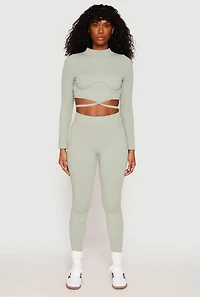Womens Seamless Long Sleeve Tie Back Crop Top, Green, Size M-L