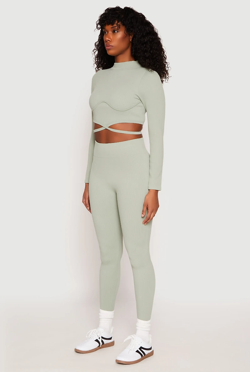Womens Seamless Long Sleeve Tie Back Crop Top, Green, Size M-L