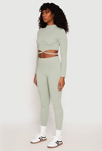 Womens Seamless Long Sleeve Tie Back Crop Top, Green, Size M-L