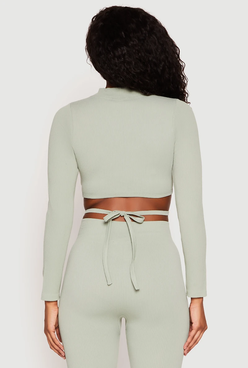 Womens Seamless Long Sleeve Tie Back Crop Top, Green, Size M-L