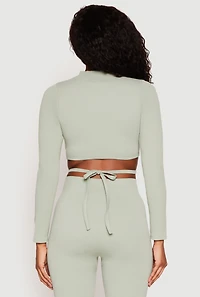 Womens Seamless Long Sleeve Tie Back Crop Top, Green, Size M-L