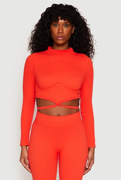 Womens Seamless Long Sleeve Tie Back Crop Top, Orange, Size M-L