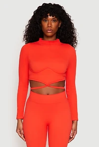 Womens Seamless Long Sleeve Tie Back Crop Top, Orange, Size M-L