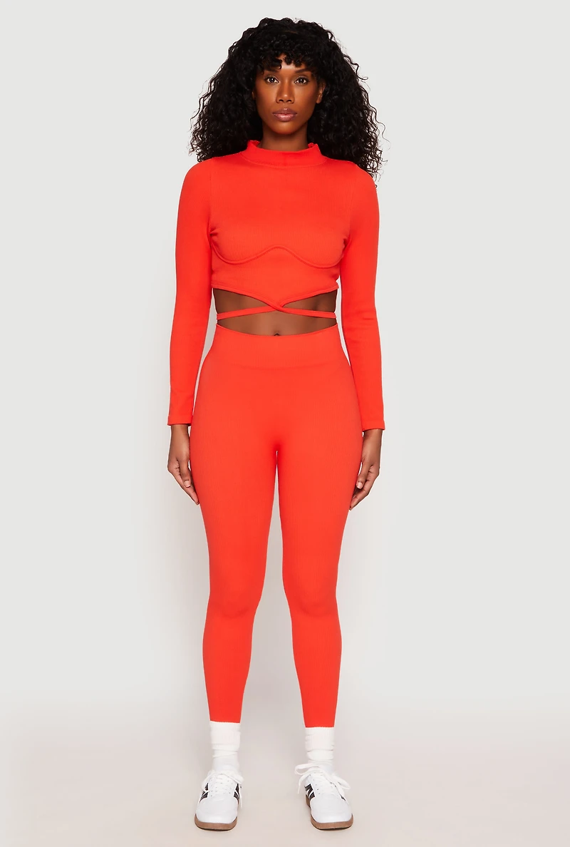 Womens Seamless Long Sleeve Tie Back Crop Top, Orange, Size M-L
