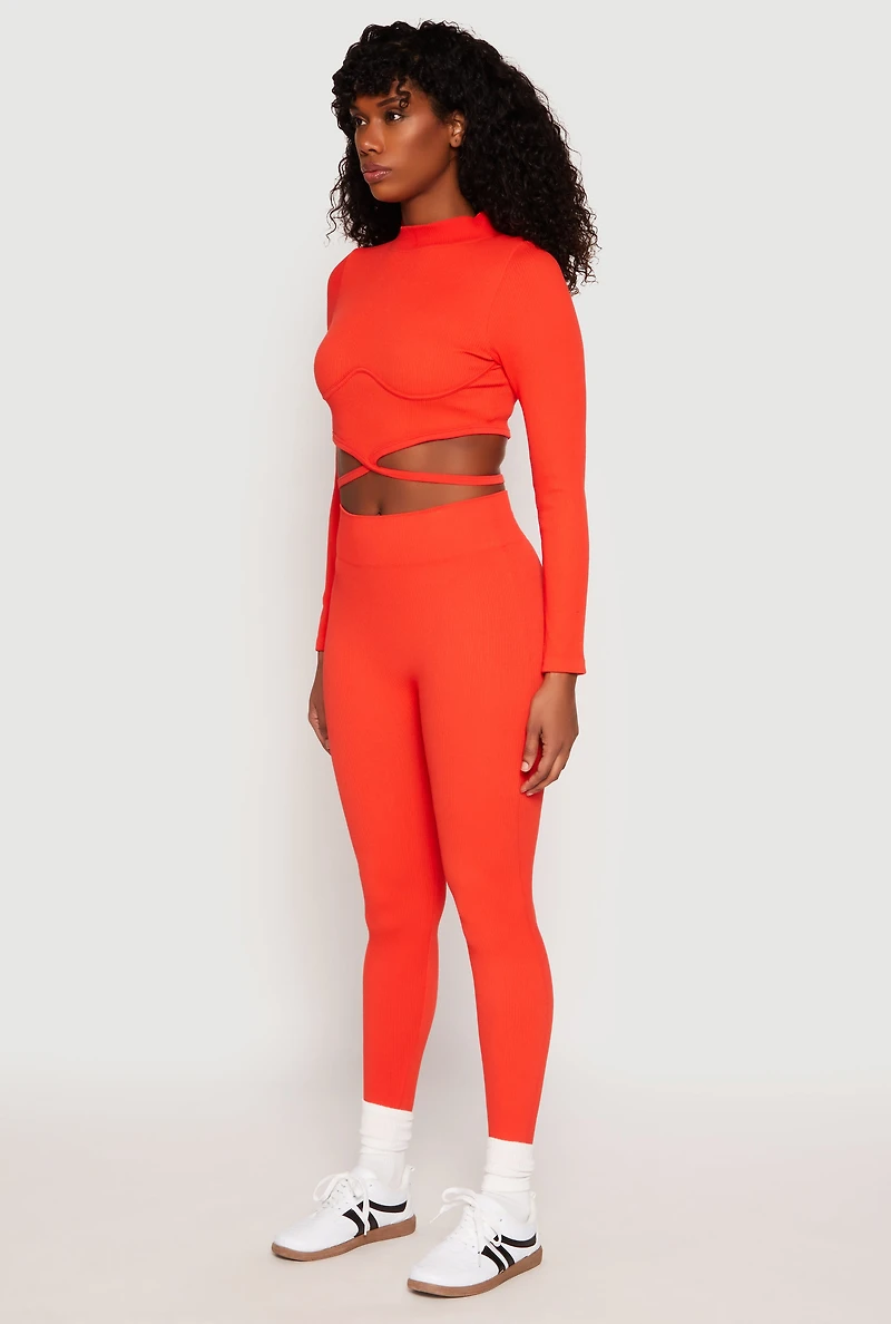 Womens Seamless Long Sleeve Tie Back Crop Top, Orange, Size M-L
