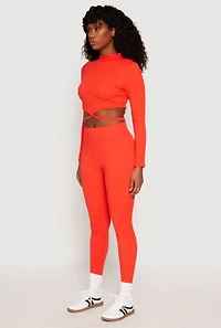 Womens Seamless Long Sleeve Tie Back Crop Top, Orange, Size M-L
