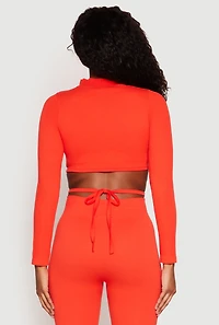 Womens Seamless Long Sleeve Tie Back Crop Top, Orange, Size M-L