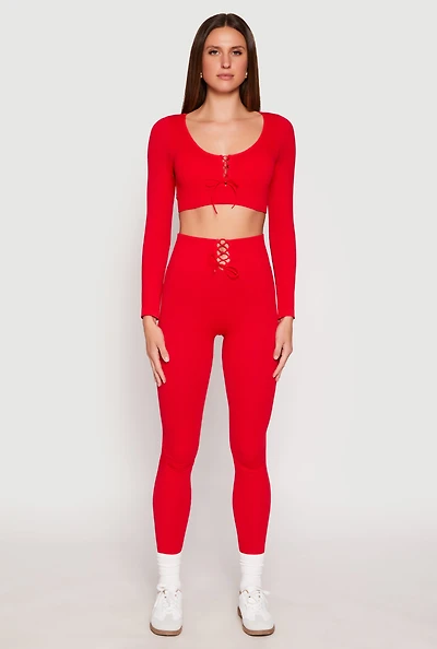 Womens Seamless Lace Up Leggings, Red, Size M-L