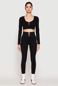 Womens Seamless Lace Up Long Sleeve Crop Top,