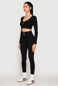 Womens Seamless Lace Up Long Sleeve Crop Top,