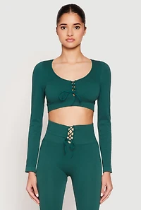 Womens Seamless Lace Up Long Sleeve Crop Top, S-M