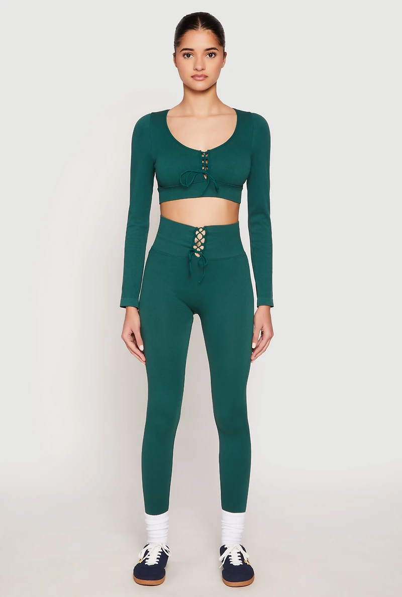 Womens Seamless Lace Up Long Sleeve Crop Top, S-M