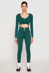 Womens Seamless Lace Up Long Sleeve Crop Top, S-M