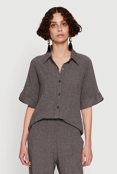 Womens Seersucker Striped Button Front Shirt with Classic Fit, Grey, Size M