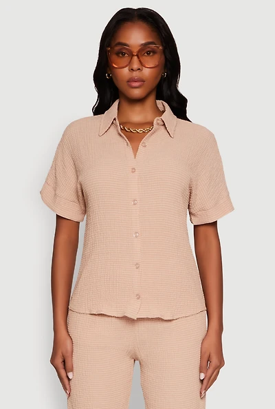 Womens Seersucker Striped Button Front Shirt with Classic Fit,