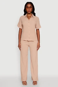 Womens Seersucker Striped Button Front Shirt with Classic Fit, Beige,