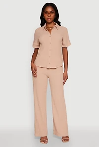 Womens Seersucker Striped Button Front Shirt with Classic Fit, Beige,