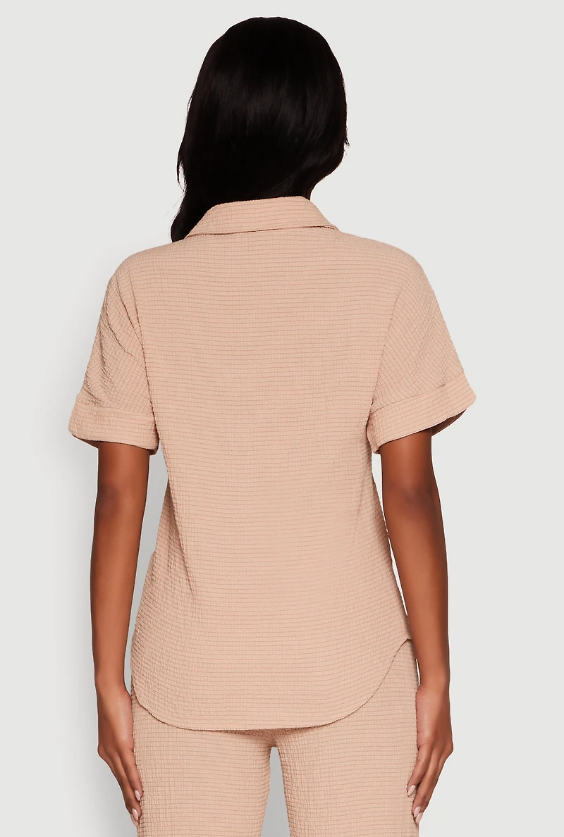 Womens Seersucker Striped Button Front Shirt with Classic Fit, Beige,