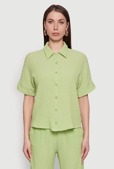 Womens Seersucker Striped Button Front Shirt with Classic Fit, Green, Size L