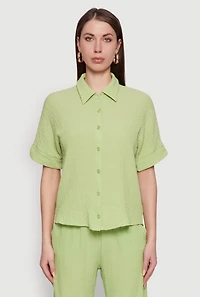 Womens Seersucker Striped Button Front Shirt with Classic Fit, Green, Size L