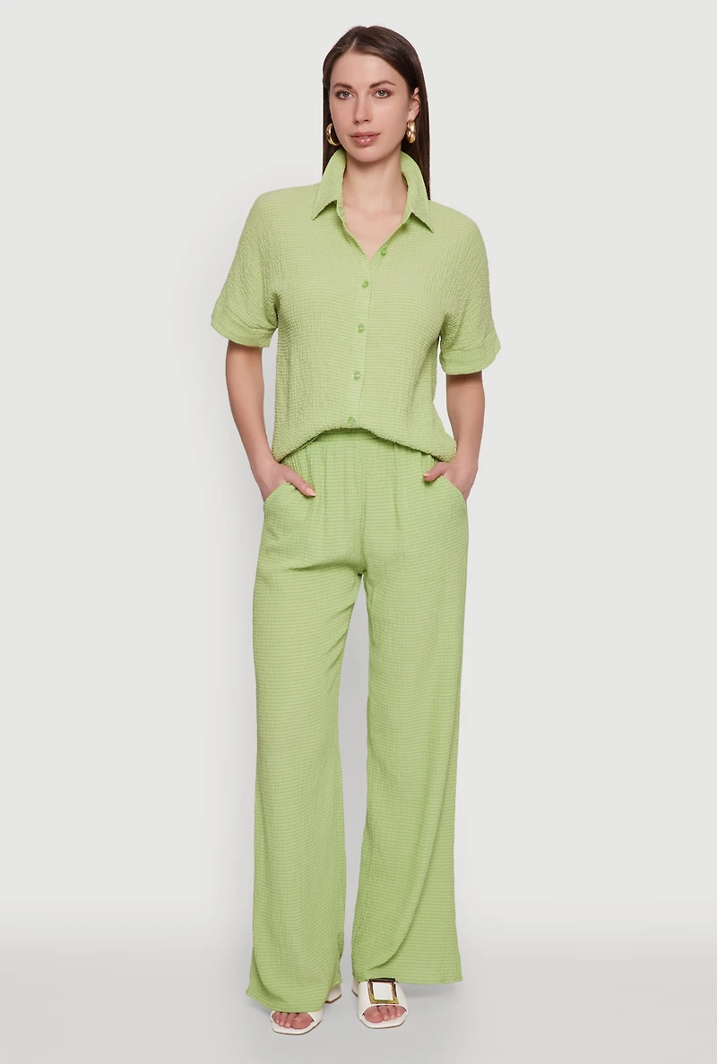 Womens Seersucker Striped Button Front Shirt with Classic Fit, Green,