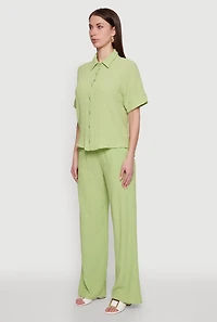 Womens Seersucker Striped Button Front Shirt with Classic Fit, Green, Size L