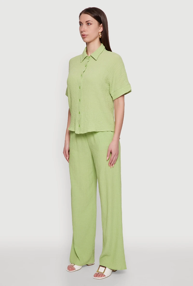 Womens Seersucker Striped Button Front Shirt with Classic Fit, Green,
