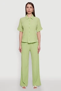 Womens Seersucker Striped Button Front Shirt with Classic Fit, Green, Size L