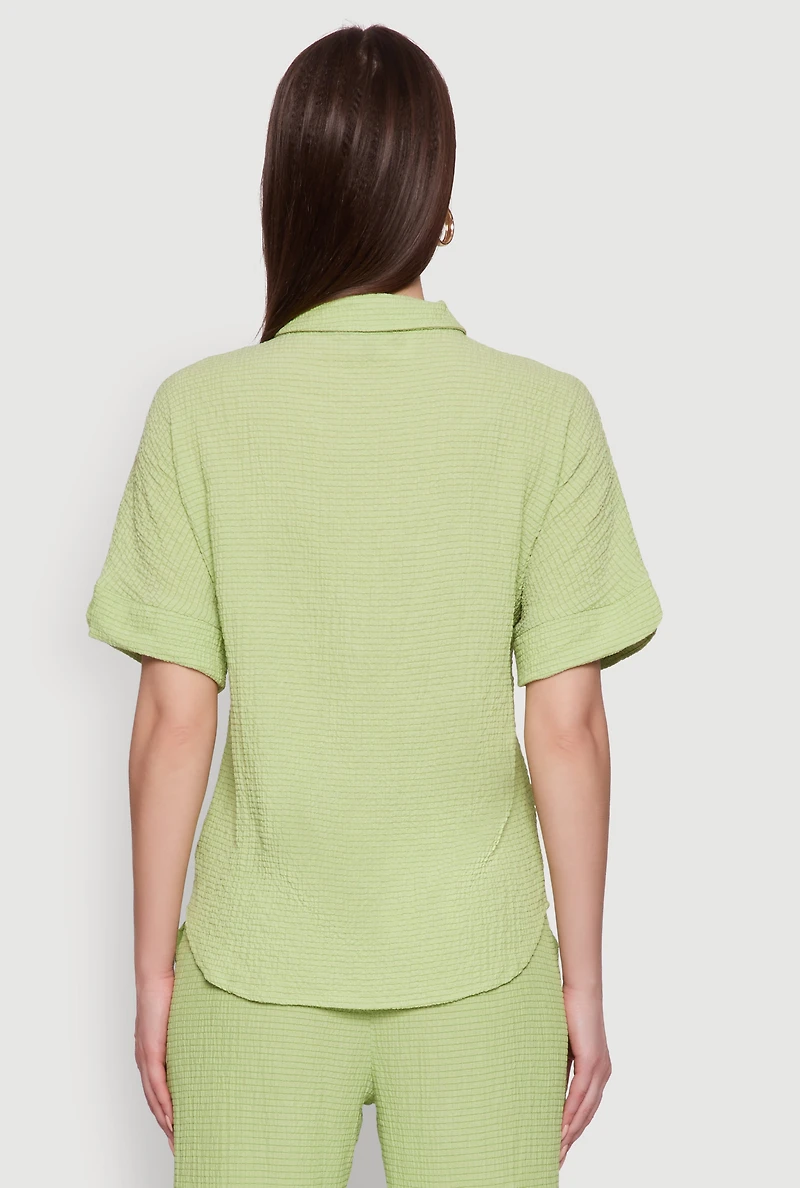 Womens Seersucker Striped Button Front Shirt with Classic Fit, Green,