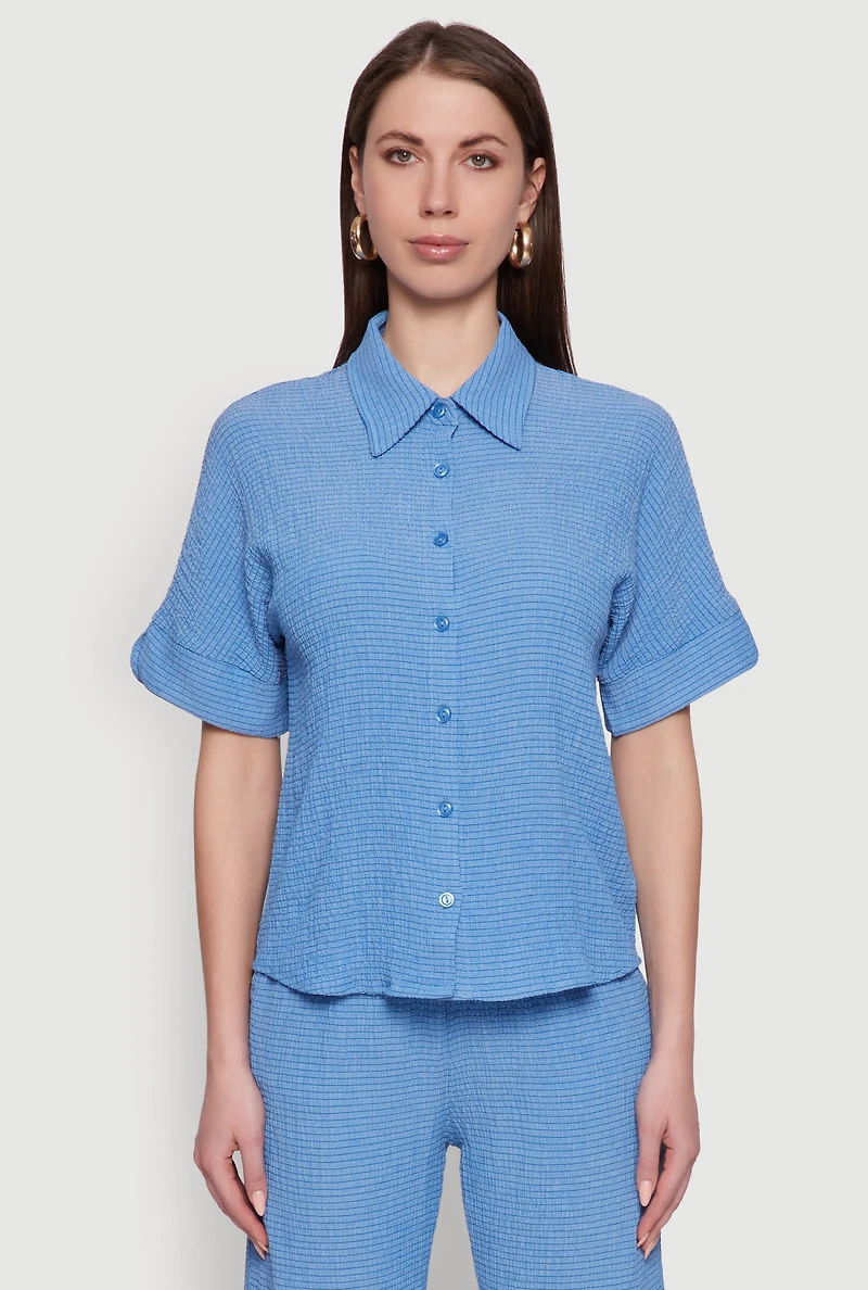 Womens Seersucker Striped Button Front Shirt with Classic Fit, Blue, Size L