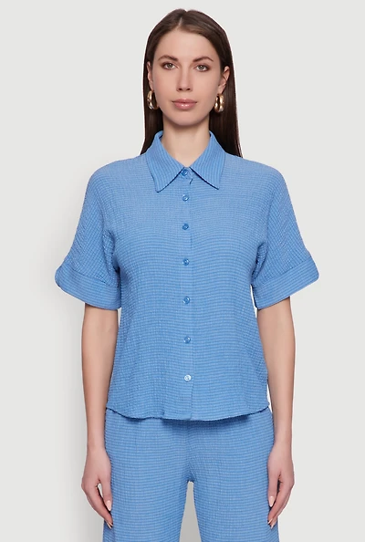 Womens Seersucker Striped Button Front Shirt with Classic Fit, Blue, Size L