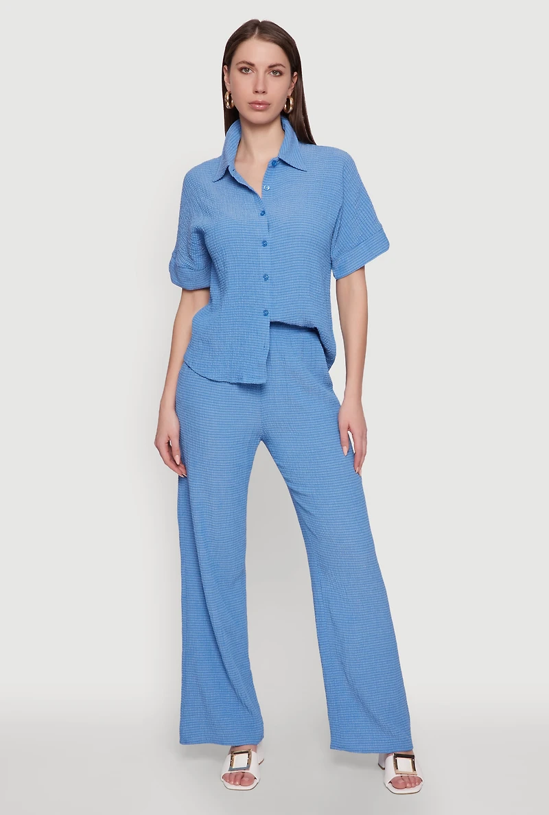 Womens Seersucker Striped Button Front Shirt with Classic Fit, Blue, Size L