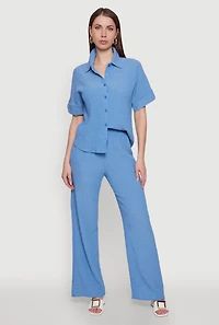 Womens Seersucker Striped Button Front Shirt with Classic Fit, Blue, Size L
