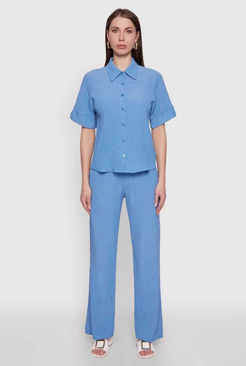 Womens Seersucker Striped Button Front Shirt with Classic Fit, Blue, Size L
