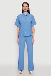 Womens Seersucker Striped Button Front Shirt with Classic Fit, Blue, Size L
