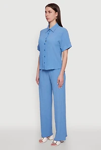 Womens Seersucker Striped Button Front Shirt with Classic Fit, Blue, Size L