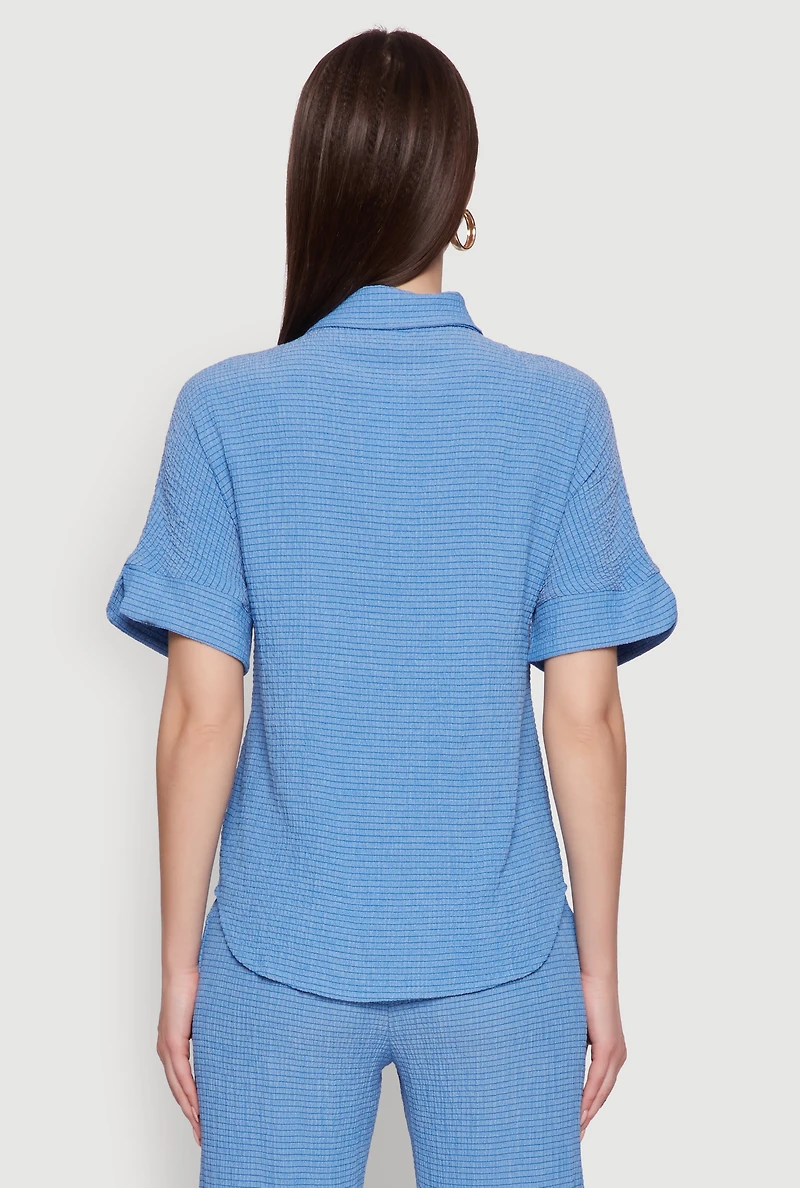 Womens Seersucker Striped Button Front Shirt with Classic Fit, Blue, Size S
