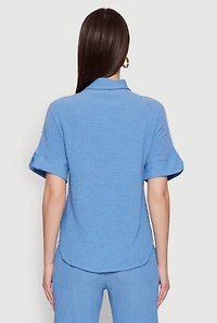 Womens Seersucker Striped Button Front Shirt with Classic Fit, Blue, Size S