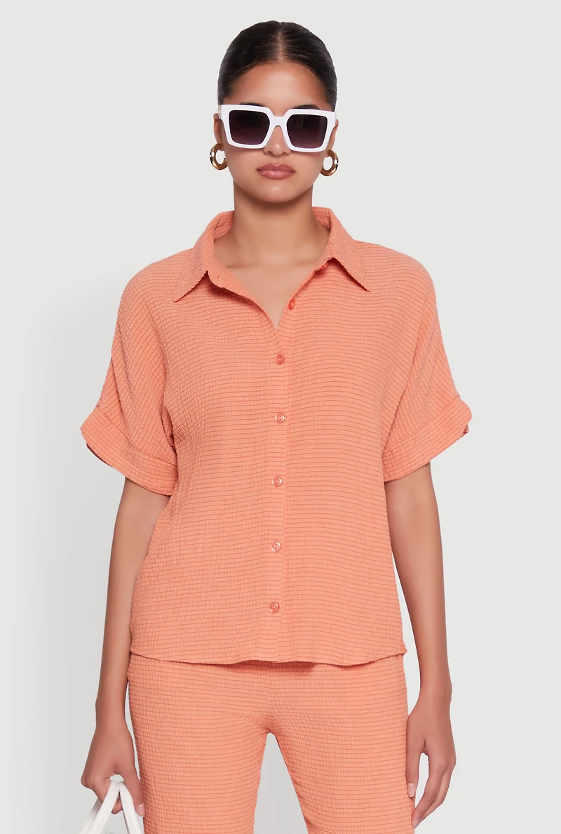 Womens Seersucker Striped Button Front Shirt with Classic Fit, Orange, Size L
