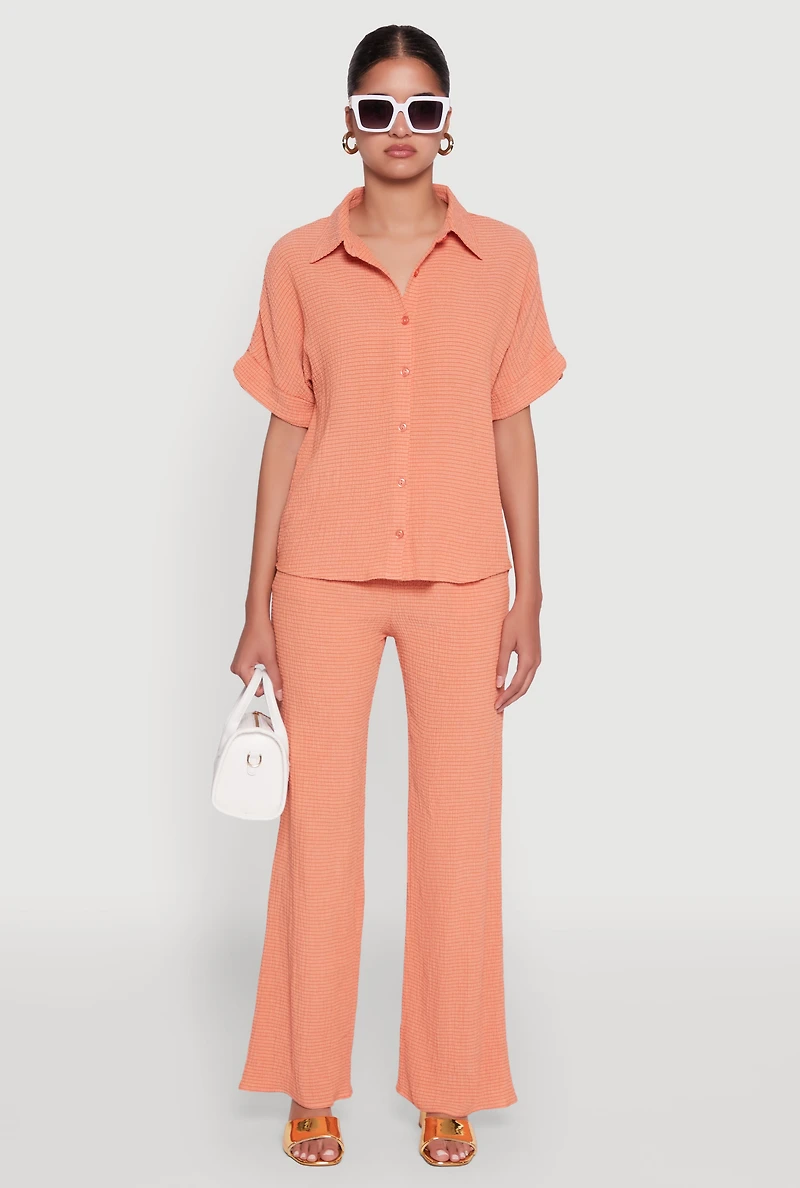 Womens Seersucker Striped Button Front Shirt with Classic Fit, Orange, Size L