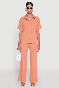 Womens Seersucker Striped Button Front Shirt with Classic Fit, Orange, Size L