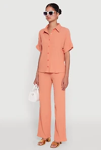 Womens Seersucker Striped Button Front Shirt with Classic Fit, Orange, Size L