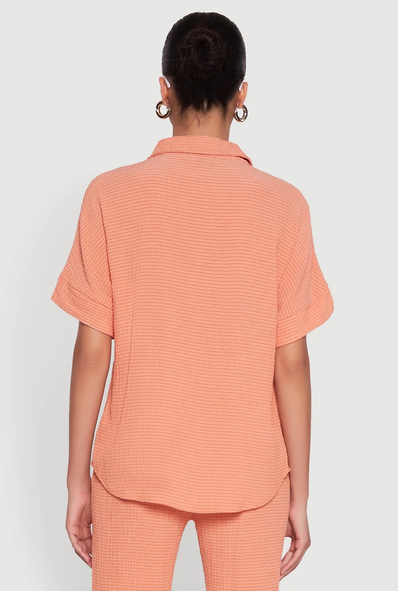 Womens Seersucker Striped Button Front Shirt with Classic Fit, Orange, Size L