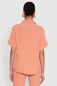 Womens Seersucker Striped Button Front Shirt with Classic Fit, Orange, Size L