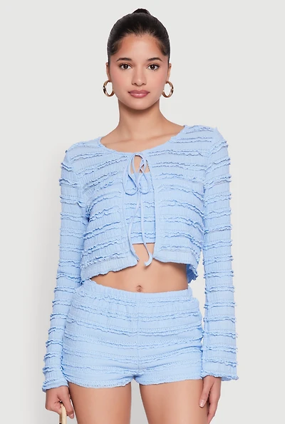 Womens Textured Knit Tie Front Cardigan with Tube Top, Blue, Size S