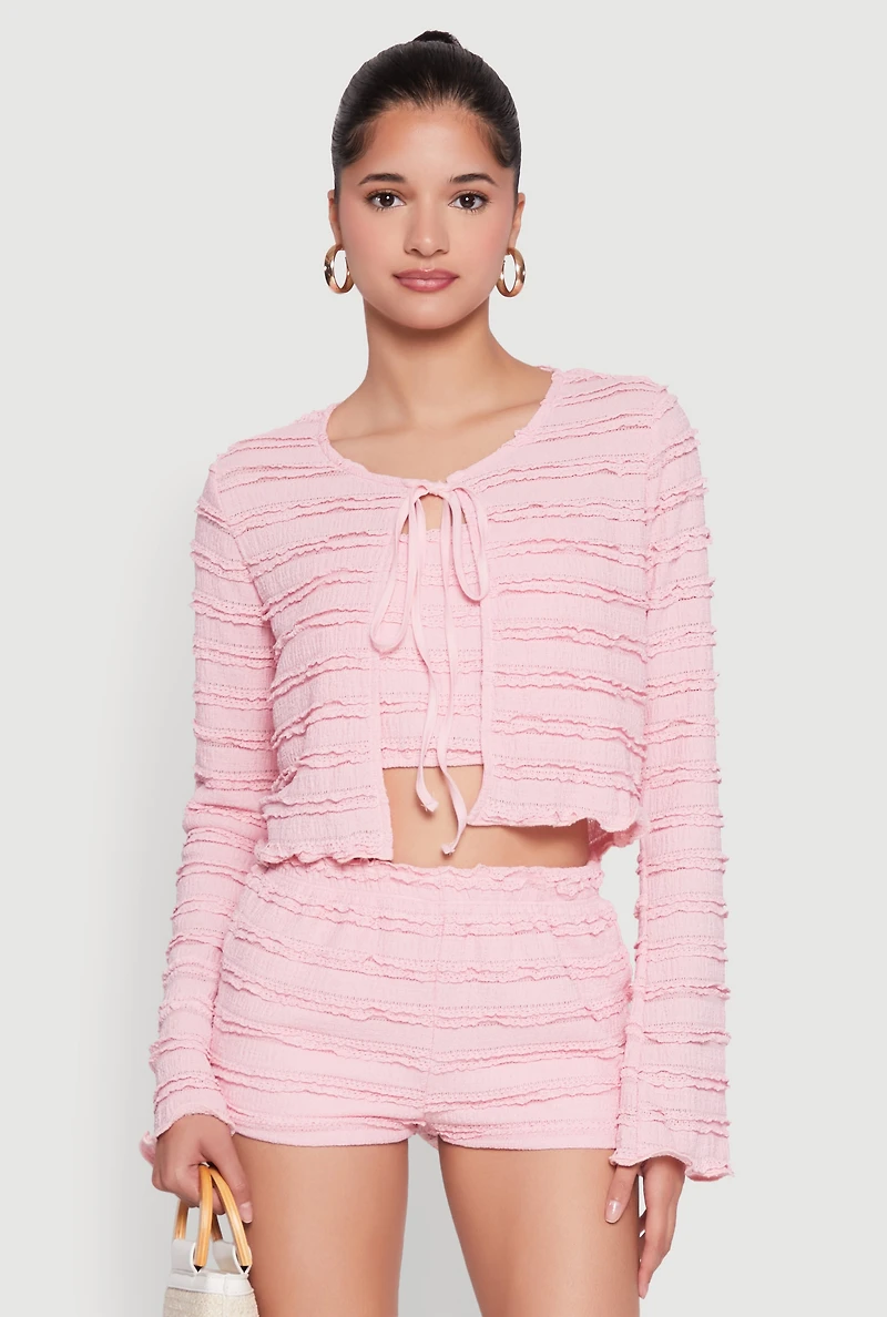 Womens Textured Knit Tie Front Cardigan with Tube Top, Pink, Size L