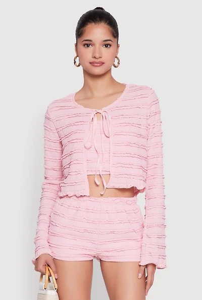 Womens Textured Knit Tie Front Cardigan with Tube Top, Pink, Size L