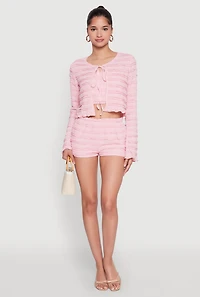 Womens Textured Knit Tie Front Cardigan with Tube Top, Pink, Size L