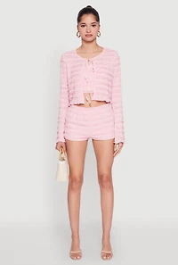 Womens Textured Knit Tie Front Cardigan with Tube Top, Pink, Size L