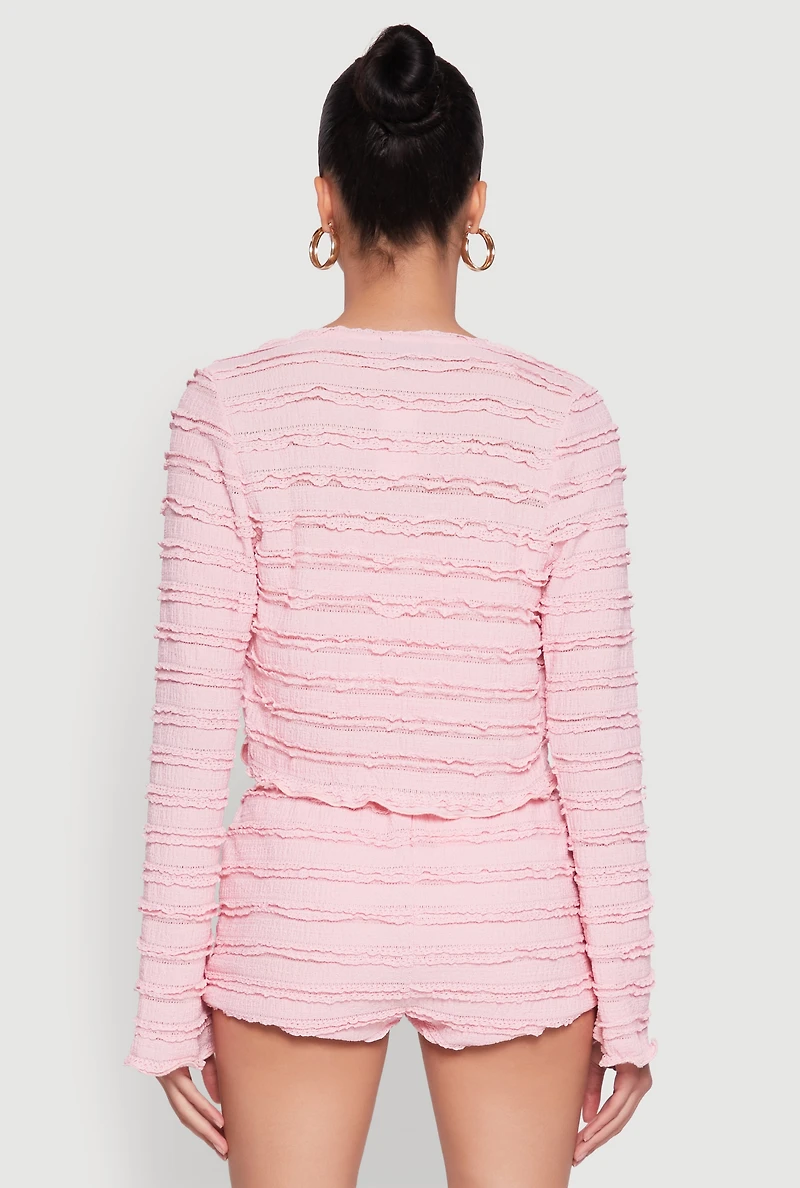 Womens Textured Knit Tie Front Cardigan with Tube Top, Pink, Size L
